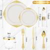 imageNervure 350PCS Ivory Plastic Plates  Ivory Gold Plastic Dinnerware Sets for 50 Guests  100 Gold Disposable Plates 50 Pre Rolled Silverware Sets 50 Cups Perfect for Wedding ampamp PartyIvory