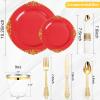 imageNervure 350PCS Ivory Plastic Plates  Ivory Gold Plastic Dinnerware Sets for 50 Guests  100 Gold Disposable Plates 50 Pre Rolled Silverware Sets 50 Cups Perfect for Wedding ampamp PartyRed
