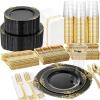 imageNervure 350PCS Ivory Plastic Plates  Ivory Gold Plastic Dinnerware Sets for 50 Guests  100 Gold Disposable Plates 50 Pre Rolled Silverware Sets 50 Cups Perfect for Wedding ampamp PartyBlack