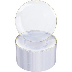 imageNervure 100PCS Pink and Gold Plastic Plates  1025 inch Pink Disposable Plates with Gold Rim  Party Plate  Dinner Plate Ideal for Wedding ampamp PartyClear