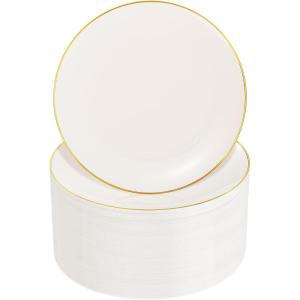 imageNervure 100PCS Pink and Gold Plastic Plates  1025 inch Pink Disposable Plates with Gold Rim  Party Plate  Dinner Plate Ideal for Wedding ampamp PartyIvory and Gold