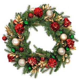 imageNervure 24 Inch Christmas Wreath Decorations  Christmas Door Wreath with Magnolia Flowers Pine Cone Christmas Ball Ornaments Apple and Berries for Front Door Home Wall Window Indoor Outdoor DecorGreen red gold