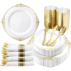 imageNervure 350PCS Ivory Plastic Plates  Ivory Gold Plastic Dinnerware Sets for 50 Guests  100 Gold Disposable Plates 50 Pre Rolled Silverware Sets 50 Cups Perfect for Wedding ampamp PartyGold