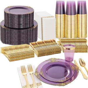 imageNervure 350PCS Ivory Plastic Plates  Ivory Gold Plastic Dinnerware Sets for 50 Guests  100 Gold Disposable Plates 50 Pre Rolled Silverware Sets 50 Cups Perfect for Wedding ampamp PartyPurple