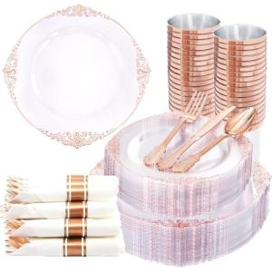 imageNervure 350PCS Ivory Plastic Plates  Ivory Gold Plastic Dinnerware Sets for 50 Guests  100 Gold Disposable Plates 50 Pre Rolled Silverware Sets 50 Cups Perfect for Wedding ampamp PartyRose Gold