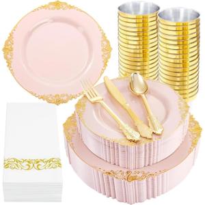 imageNervure 350PCS Ivory Plastic Plates  Ivory Gold Plastic Dinnerware Sets for 50 Guests  100 Gold Disposable Plates 50 Pre Rolled Silverware Sets 50 Cups Perfect for Wedding ampamp PartyPink