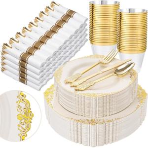 imageNervure 350PCS Ivory Plastic Plates  Ivory Gold Plastic Dinnerware Sets for 50 Guests  100 Gold Disposable Plates 50 Pre Rolled Silverware Sets 50 Cups Perfect for Wedding ampamp PartyIvory