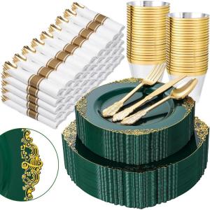 imageNervure 350PCS Ivory Plastic Plates  Ivory Gold Plastic Dinnerware Sets for 50 Guests  100 Gold Disposable Plates 50 Pre Rolled Silverware Sets 50 Cups Perfect for Wedding ampamp PartyGreen