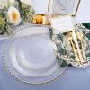 imageNervure 125PCS Christmas Plastic Plates  Disposable White and Gold Rim Plates Include 25 Dinner Plate 25 Salad Plate 25 Forks 25 Knives 25 Spoons for Christmas ampamp Parties ampamp Fathers DayGold