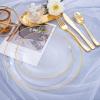 imageNervure 125PCS Christmas Plastic Plates  Disposable White and Gold Rim Plates Include 25 Dinner Plate 25 Salad Plate 25 Forks 25 Knives 25 Spoons for Christmas ampamp Parties ampamp Fathers DayGold