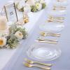imageNervure 125PCS Christmas Plastic Plates  Disposable White and Gold Rim Plates Include 25 Dinner Plate 25 Salad Plate 25 Forks 25 Knives 25 Spoons for Christmas ampamp Parties ampamp Fathers DayGold