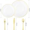 imageNervure 125PCS Christmas Plastic Plates  Disposable White and Gold Rim Plates Include 25 Dinner Plate 25 Salad Plate 25 Forks 25 Knives 25 Spoons for Christmas ampamp Parties ampamp Fathers DayGold