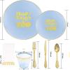 imageNervure 150pcs Easter Plastic Plates  Blue and Gold Plate with Easter Egg  Blue Disposable Plates includes 50 Plastic Plates 25 Knives 25 Forks 25 Spoons 25 Cups for PartyBlue