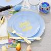 imageNervure 150pcs Easter Plastic Plates  Blue and Gold Plate with Easter Egg  Blue Disposable Plates includes 50 Plastic Plates 25 Knives 25 Forks 25 Spoons 25 Cups for PartyBlue