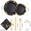 imageNervure 175PCS Black ampamp Gold Marbling Plastic Dinnerware Set  25 Dinner Plates 25 Dessert Plates 25 Cups 25 Forks 25 Knives 25 Spoons 25 Napkins for Halloween ampamp New Years