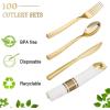 imageNervure 400PCS Pre Rolled Gold Plastic Silverware Sets  Heavy Duty Gold Cutlery  Include 100 Pack Wrapped Disposable Utensils with Napkins for Parties Dinners ampamp WeddingsHammered