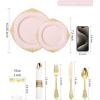 imageNervure 700PCS Gold Plastic Plates  Gold Plastic Dinnerware Sets for 100 Guests  200 Disposable Plates 300 Silverware 100 Cups 100 Napkins for Wedding ampamp PartyPink and Gold