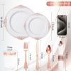 imageNervure 700PCS Gold Plastic Plates  Gold Plastic Dinnerware Sets for 100 Guests  200 Disposable Plates 300 Silverware 100 Cups 100 Napkins for Wedding ampamp PartyWhite and Rose Gold