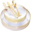 imageNervure 125PCS Christmas Plastic Plates  Disposable White and Gold Rim Plates Include 25 Dinner Plate 25 Salad Plate 25 Forks 25 Knives 25 Spoons for Christmas ampamp Parties ampamp Fathers DayGold