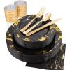 imageNervure 175PCS Black ampamp Gold Marbling Plastic Dinnerware Set  25 Dinner Plates 25 Dessert Plates 25 Cups 25 Forks 25 Knives 25 Spoons 25 Napkins for Halloween ampamp New Years
