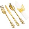 imageNervure 200PCS Gold Plastic Silverware Set Disposable Flatware  Disposable Gold Plastic Cutlery for Party Includes 50 Forks50 Spoons50 Knives50 Napkins50 Butterfly Clasp