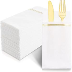 imageNervure 100PCS Black Paper Napkins with Builtin Flatware Pocket  Black and Gold Prefolded Cloth Like Disposable Napkins  HeavyDuty LinenFeel Dinner Napkins for Party ampamp Halloween ampamp Fathers DayGold