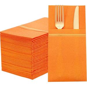 imageNervure 100PCS Black Paper Napkins with Builtin Flatware Pocket  Black and Gold Prefolded Cloth Like Disposable Napkins  HeavyDuty LinenFeel Dinner Napkins for Party ampamp Halloween ampamp Fathers DayOrange