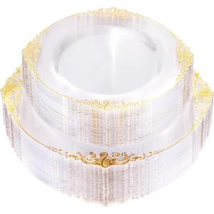 imageNervure 100PCS Clear and Black Plastic Plates  Clear Disposable Plates Set 50PCS 1025quot Dinner Plate ampamp 50PCS 75quot Dessert Plates Perfect for Wedding ampamp Party ampamp New YearClear Gold