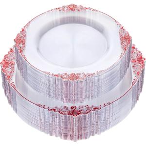 imageNervure 100PCS Clear and Black Plastic Plates  Clear Disposable Plates Set 50PCS 1025quot Dinner Plate ampamp 50PCS 75quot Dessert Plates Perfect for Wedding ampamp Party ampamp New YearClear Red