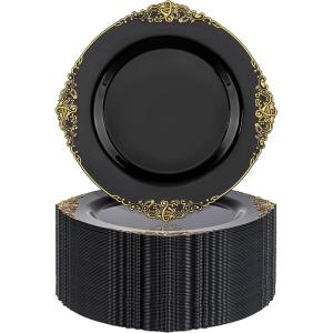 imageNervure 100PCS Clear and Gold Plastic Plates  1025Inch Gold Disposable Plates  Heavyweight Dinner Plate for Wedding ampamp Party ampamp ThanksgivingBlack