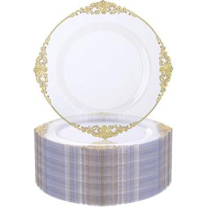 imageNervure 100PCS Clear and Gold Plastic Plates  1025Inch Gold Disposable Plates  Heavyweight Dinner Plate for Wedding ampamp Party ampamp ThanksgivingClear