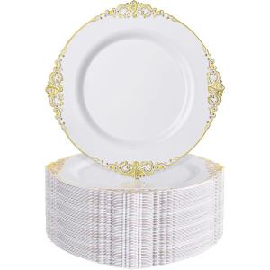 imageNervure 100PCS Clear and Gold Plastic Plates  1025Inch Gold Disposable Plates  Heavyweight Dinner Plate for Wedding ampamp Party ampamp ThanksgivingGold