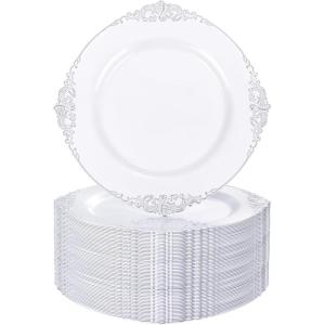 imageNervure 100PCS Clear and Gold Plastic Plates  1025Inch Gold Disposable Plates  Heavyweight Dinner Plate for Wedding ampamp Party ampamp ThanksgivingSilver