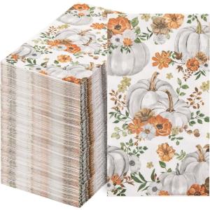 imageNervure 100PCS Fall Harvest Paper Napkins  3 Ply Pumpkin Designs with Flower Patterns  Heavy Duty Napkins for Dinner Party Kitchen Bathroom Decoration