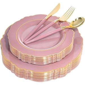 imageNervure 100PCS Mauve Pink Plastic Plates With Gold Rim  Mauve and Gold Disposable Plates with Mauve Handle For Wedding ampamp Party Serve for 20 GuestsMauve