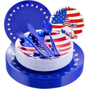 imageNervure 125PCS 4th of July Plastic Plates  Disposable Independence Day Plastic Plates  Patriotic Plastic Plates Include 25 Dinner Plates 25 Dessert Plates 25 Forks 25 Knives 25 Spoons for Party