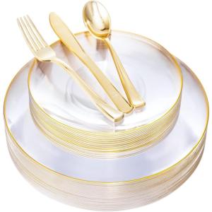 imageNervure 125PCS Christmas Plastic Plates  Disposable White and Gold Rim Plates Include 25 Dinner Plate 25 Salad Plate 25 Forks 25 Knives 25 Spoons for Christmas ampamp Parties ampamp Fathers DayGold
