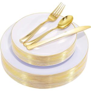 imageNervure 125PCS Christmas Plastic Plates  Disposable White and Gold Rim Plates Include 25 Dinner Plate 25 Salad Plate 25 Forks 25 Knives 25 Spoons for Christmas ampamp Parties ampamp Fathers DayWhite