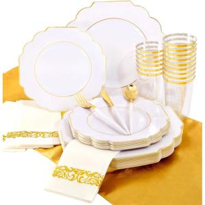 imageNervure 140PCS Blue Plastic Plates ampamp Gold Plastic Silverware with Blue Handle  Gold Plates Include 40Plates 20Forks 20Knives 20Spoons 20Cups 20Napkins Perfect for Party ampamp Fathers DayWhite