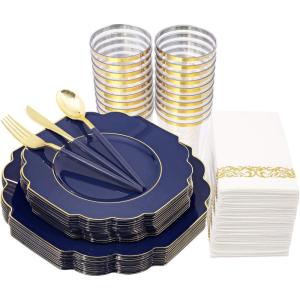 imageNervure 140PCS Blue Plastic Plates ampamp Gold Plastic Silverware with Blue Handle  Gold Plates Include 40Plates 20Forks 20Knives 20Spoons 20Cups 20Napkins Perfect for Party ampamp Fathers DayBlue