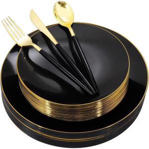 imageNervure 150PCS Black Plastic Plates  Black and Gold Disposable Plates  Premium Heavyweight Gold Plastic Dinnerware with Black Silverware Ideal for Wedding ampamp Fathers Day ampamp New YearBlack
