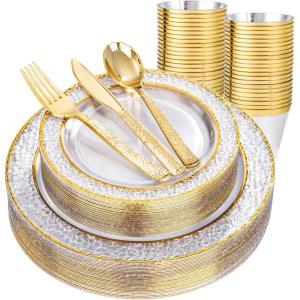 imageNervure 150PCS Clear Black Plastic Plates  Gold Party Plates  Black and Gold Dinnerware Set Include 50 Plate 25Cups 25Forks 25Knives 25Spoons for New Year ampamp Party ampamp Fathers DayClear