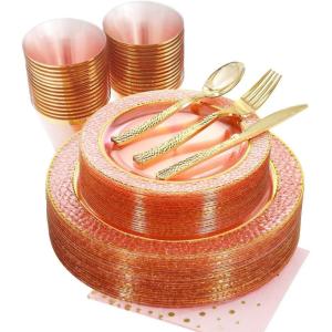 imageNervure 150PCS Clear Black Plastic Plates  Gold Party Plates  Black and Gold Dinnerware Set Include 50 Plate 25Cups 25Forks 25Knives 25Spoons for New Year ampamp Party ampamp Fathers DayClear Pink