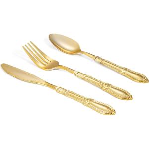 imageNervure 150PCS Silver Plastic Silverware  Heavy Duty Disposable Cutlery Set Luxury Silver Plastic Utensils include 50Pcs Forks 50Pcs Spoons 50pcs Knives Perfect for Wedding Party Daily UseGold