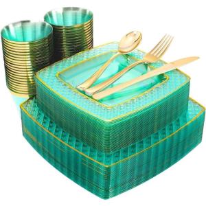imageNervure 150pc Green Plastic Disposable Square Plates  Dinner Dessert Cups Forks Knives Spoons for Wedding