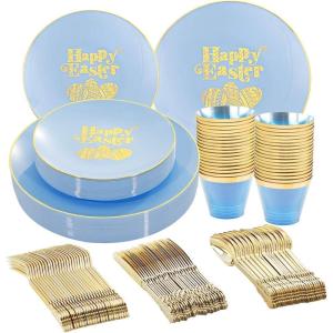 imageNervure 150pcs Easter Plastic Plates  Blue and Gold Plate with Easter Egg  Blue Disposable Plates includes 50 Plastic Plates 25 Knives 25 Forks 25 Spoons 25 Cups for PartyBlue