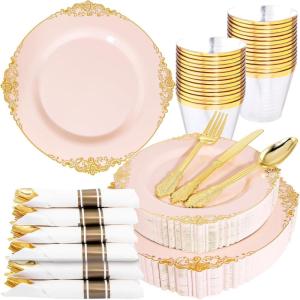 imageNervure 175PCS Black Plastic Plates  Disposable Black Gold Party Plates ampamp Pre Rolled Napkins with Cutlery for 25 Guests 50Plates 75Silverware 25Cups 25Napkin for Wedding ampamp Party ampamp New YearPink