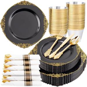 imageNervure 175PCS Black Plastic Plates  Disposable Black Gold Party Plates ampamp Pre Rolled Napkins with Cutlery for 25 Guests 50Plates 75Silverware 25Cups 25Napkin for Wedding ampamp Party ampamp New YearBlack
