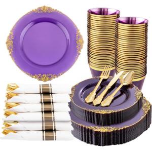 imageNervure 175PCS Black Plastic Plates  Disposable Black Gold Party Plates ampamp Pre Rolled Napkins with Cutlery for 25 Guests 50Plates 75Silverware 25Cups 25Napkin for Wedding ampamp Party ampamp New YearPurple