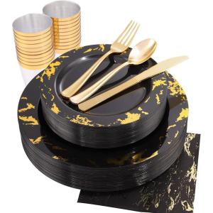 imageNervure 175PCS Black ampamp Gold Marbling Plastic Dinnerware Set  25 Dinner Plates 25 Dessert Plates 25 Cups 25 Forks 25 Knives 25 Spoons 25 Napkins for Halloween ampamp New Years
